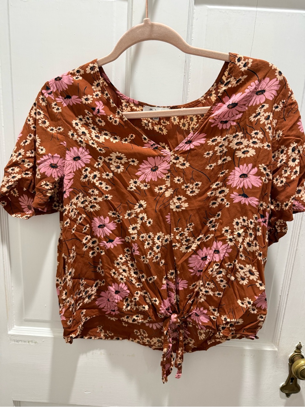 Madewell Rust Floral Tie-Front Blouse with Pink Flowers